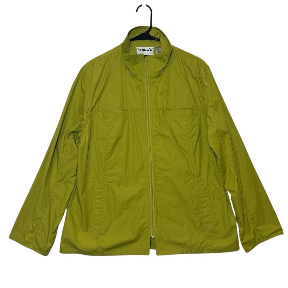Chico's 2 Rain Jacket Green Full Zip Size Large Lightweight Women’s Mock Neck